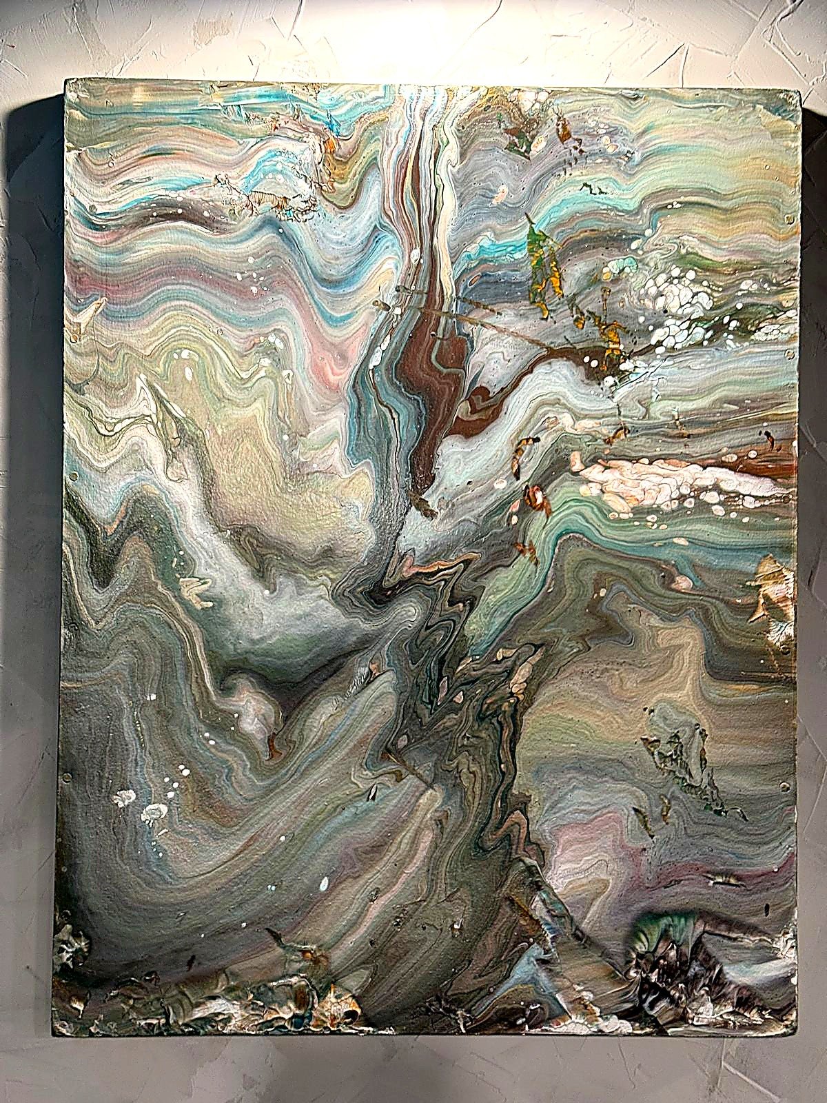 Soft grey, blush, turquoise and metallic abstract painting by Nish